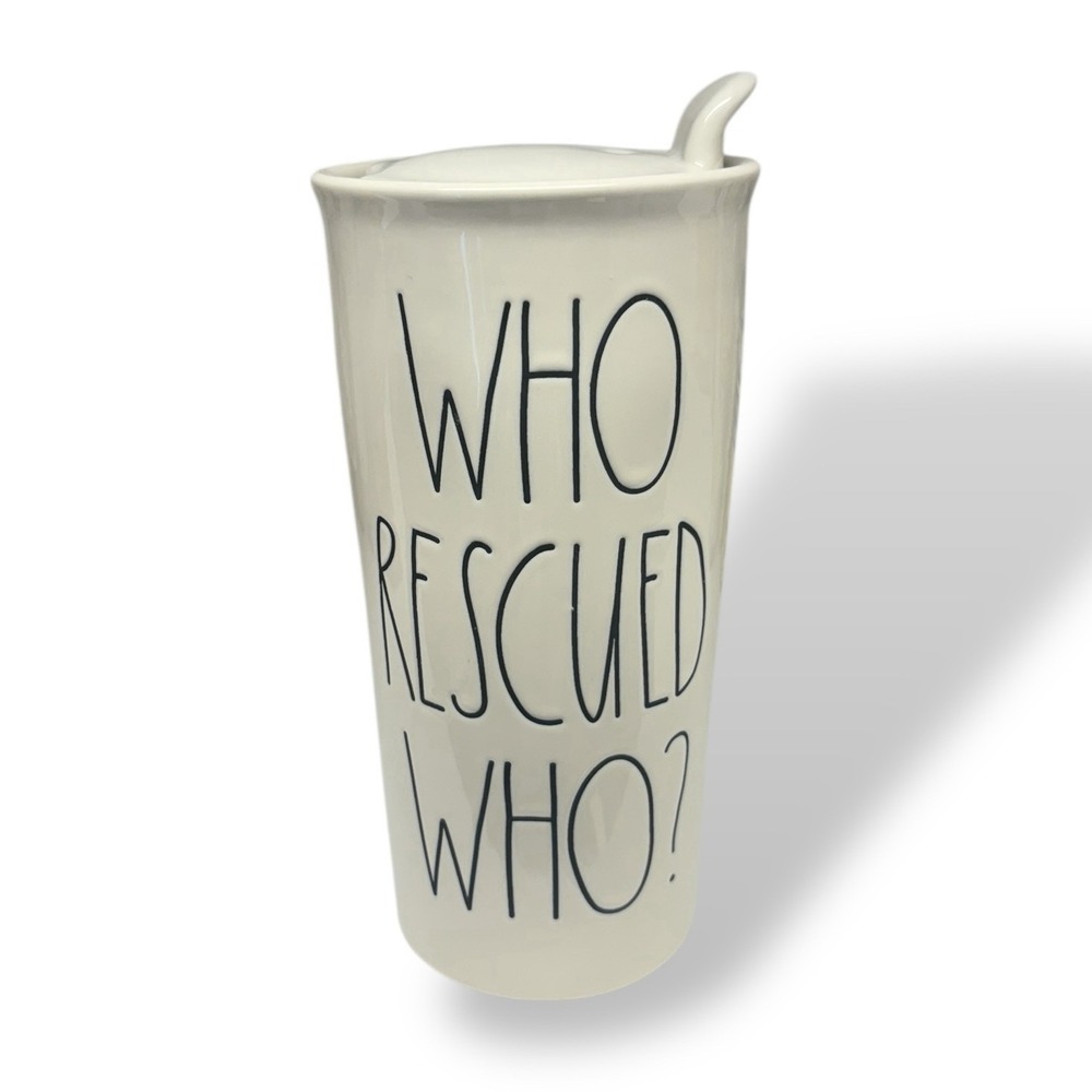 Rae Dunn Who Rescued Who? Ceramic Coffee Tumbler Travel Mug w/ Lid Pet Adoption